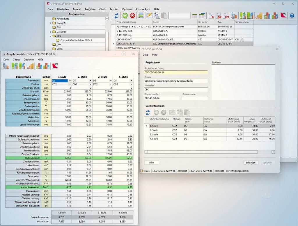 CVA.Net Analyse-Tool — Anwendungsoberfläche mit Projektübersicht und Verdichterdaten